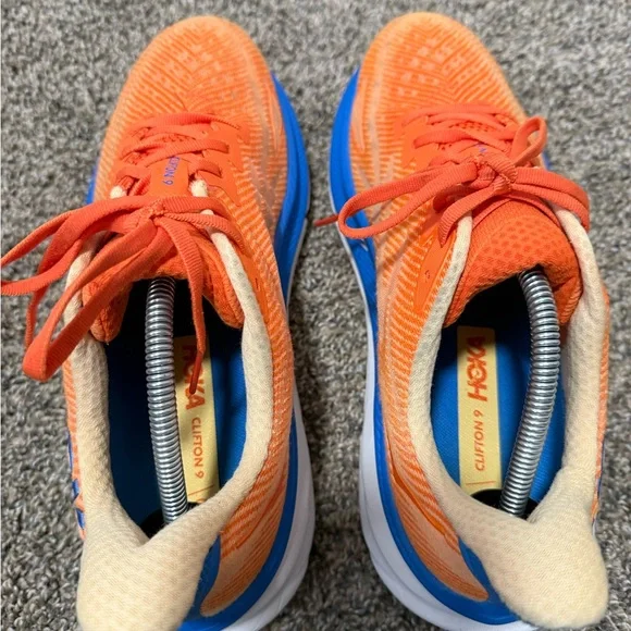Hoka Clifton 9 Dynamic Orange and Blue Sneakers - Picture 6 of 8